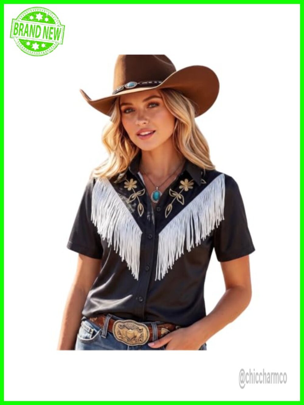 Western Cowgirl Button Up Shirt Fringe Retro Rodeo Short Sleeve